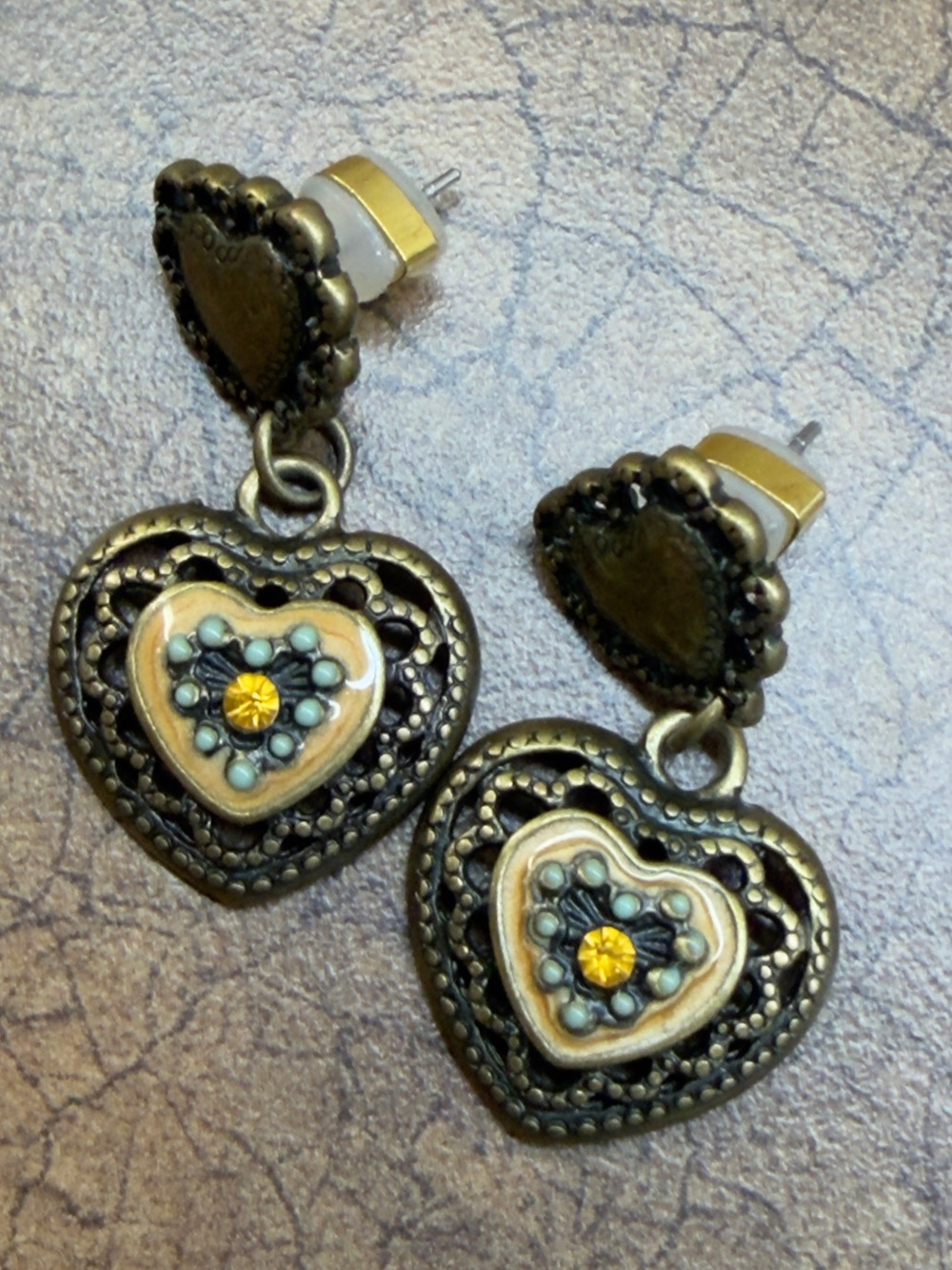 Vintage-Style Heart Drop Earrings in Antique Gold with Yellow Accent
